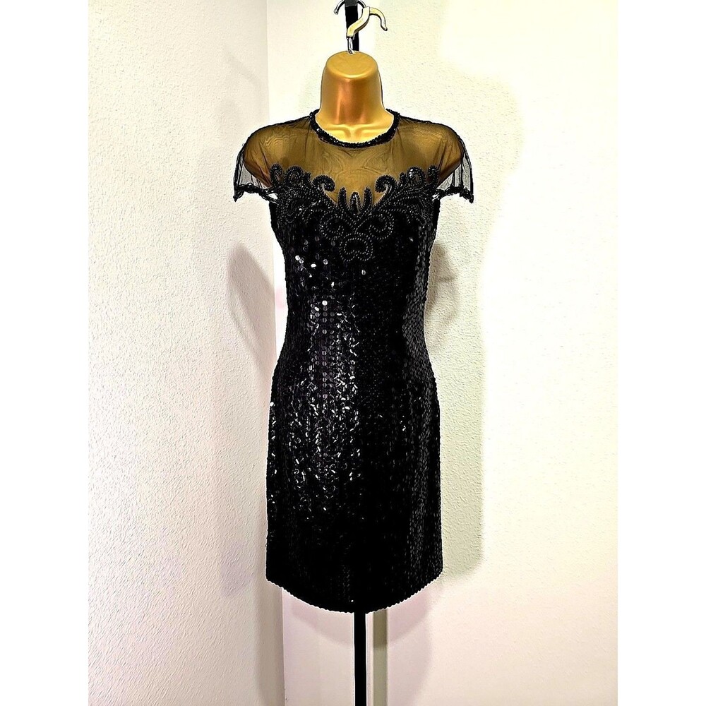 Vintage 80s Black Cocktail Dress 6 Cap Sleeve Chic Sheer Sequins Illusion Glam
